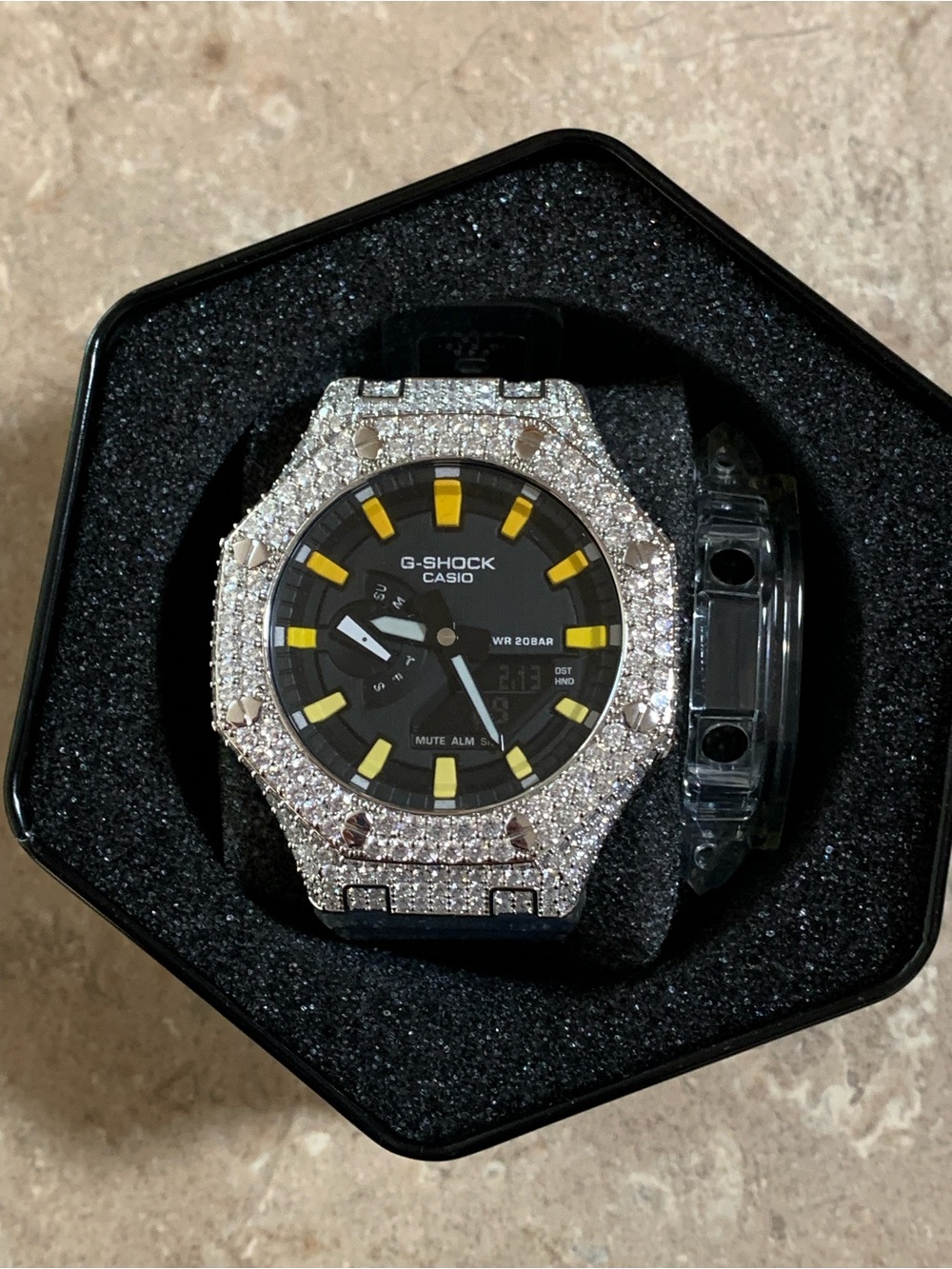 Casio G-Shock Black and Yellow Dial Watch with Crystal Encrusted Bezel